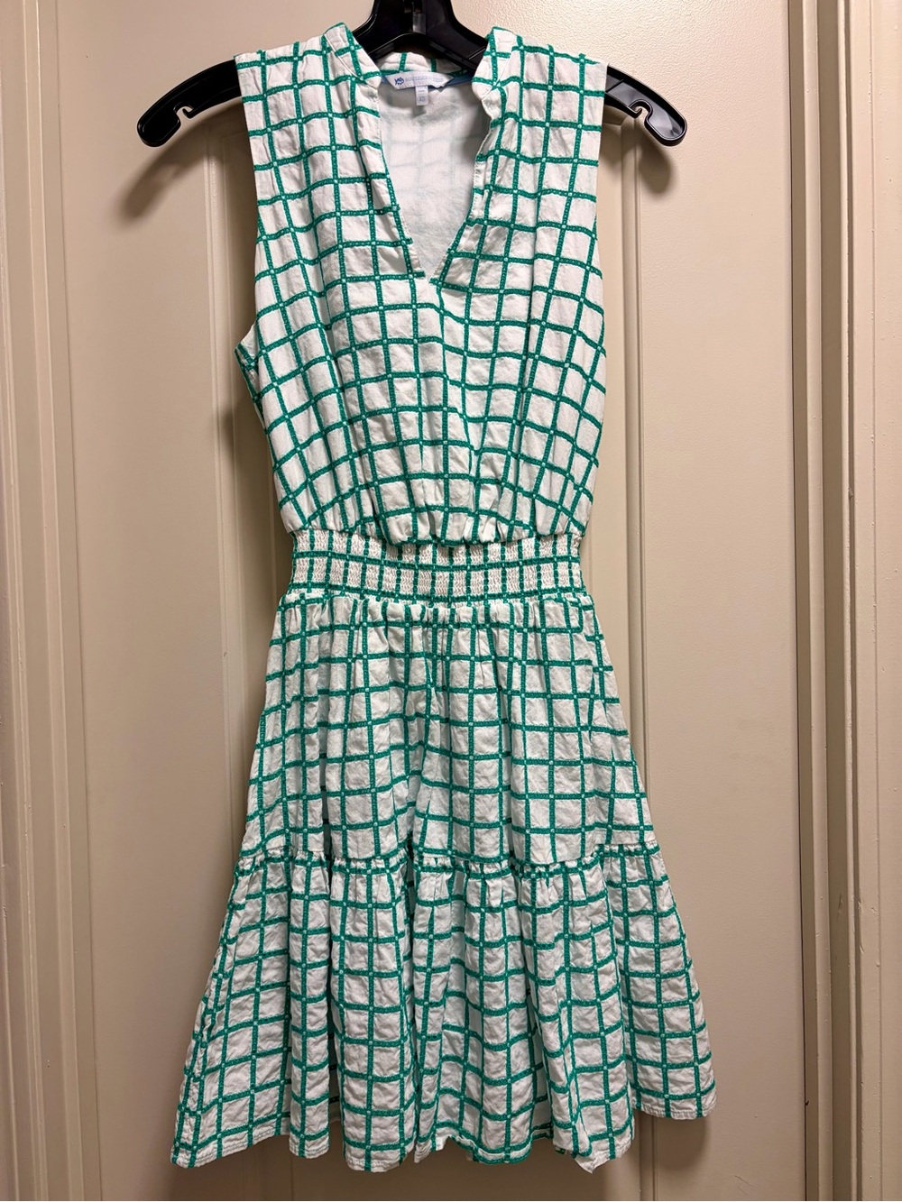 Southern Tide Sleeveless Tiered V-Neck Mini Dress | XS | Green White Grid Check